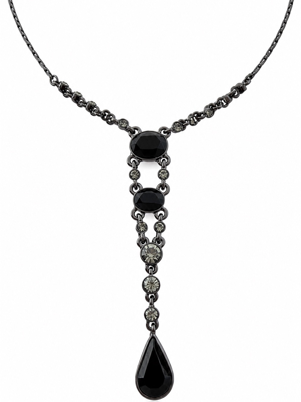 Givenchy Black Crystal Y-Drop Pendant Necklace Gunmetal Tone Adjustable